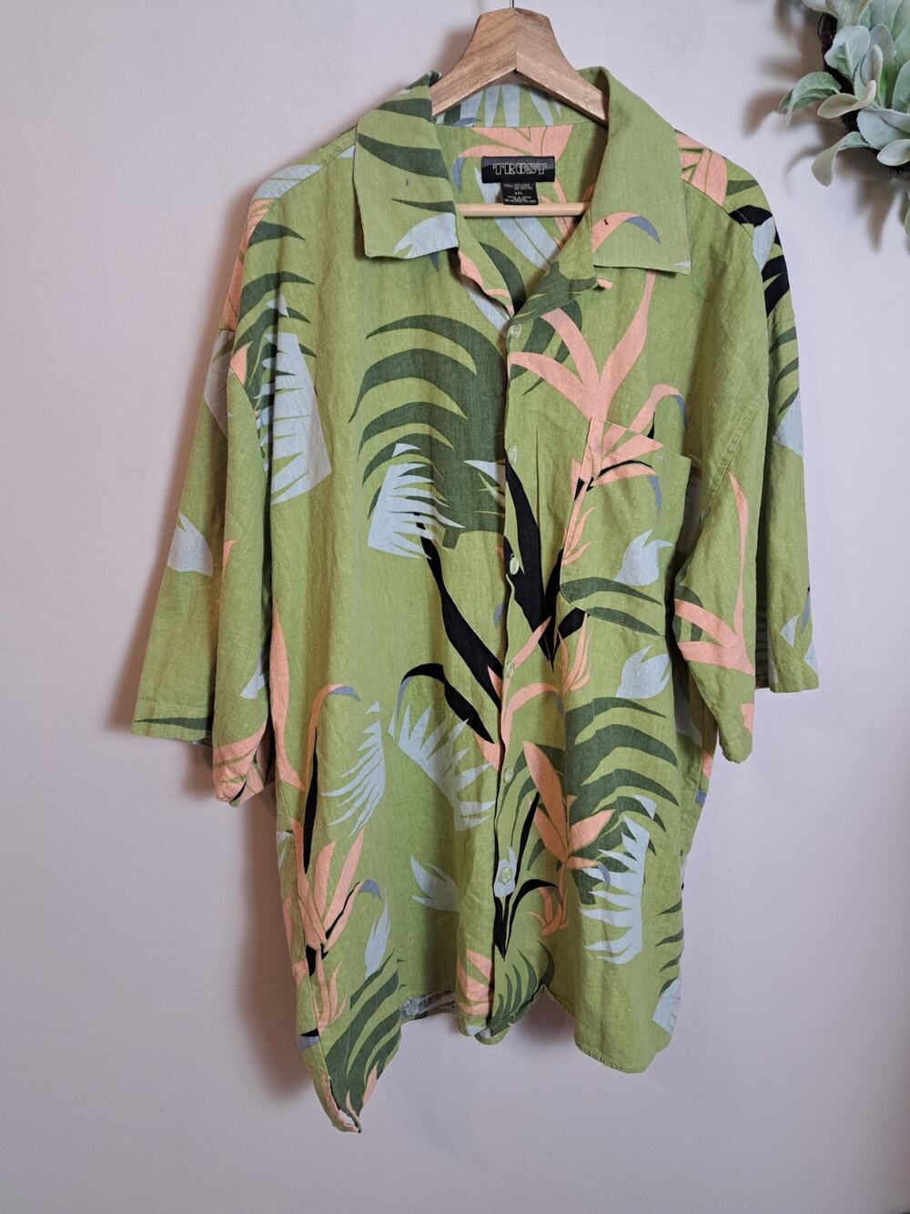 Trust Men's Hawaiian Shirt Green Tropical Linen Blend Sz XXL
